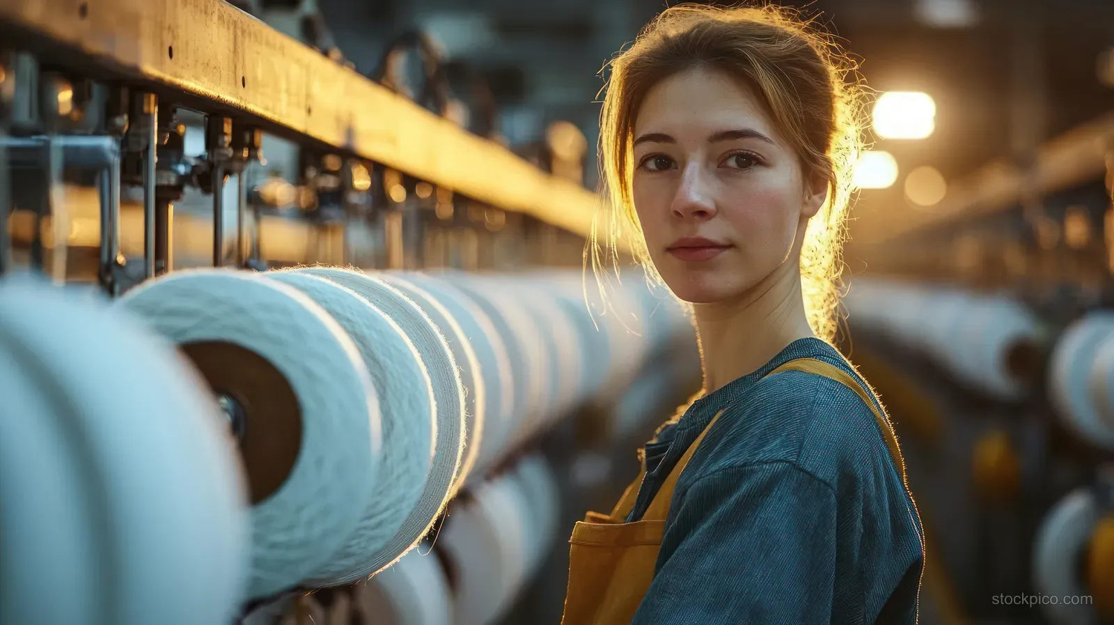 Young woman in an industrial textile factory stands beside rows of colorful thread spools under warm lighting.