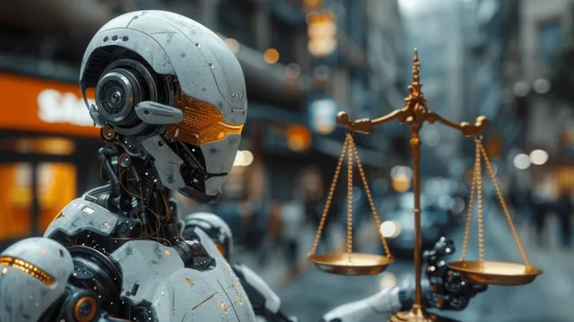 A cyberpunk AI robot stands beside glowing scales of justice in a neon city alley at night.