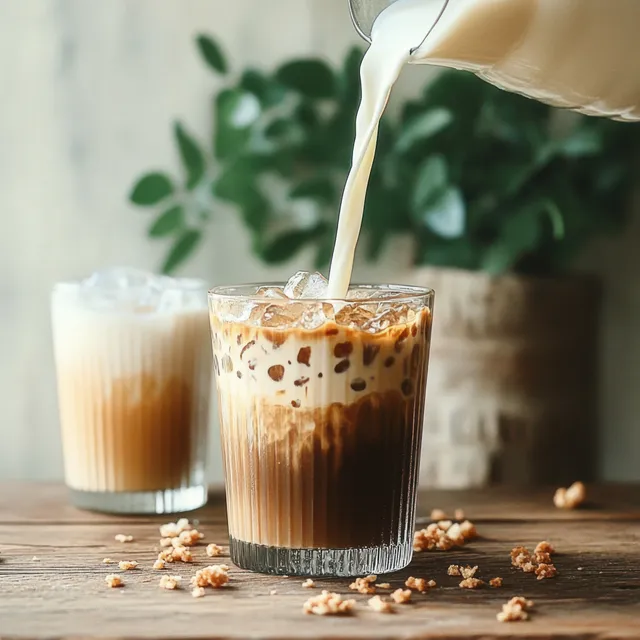 Iced coffee with milk being poured into a tall glass on a rustic table, surrounded by soft greenery in bright summer light.