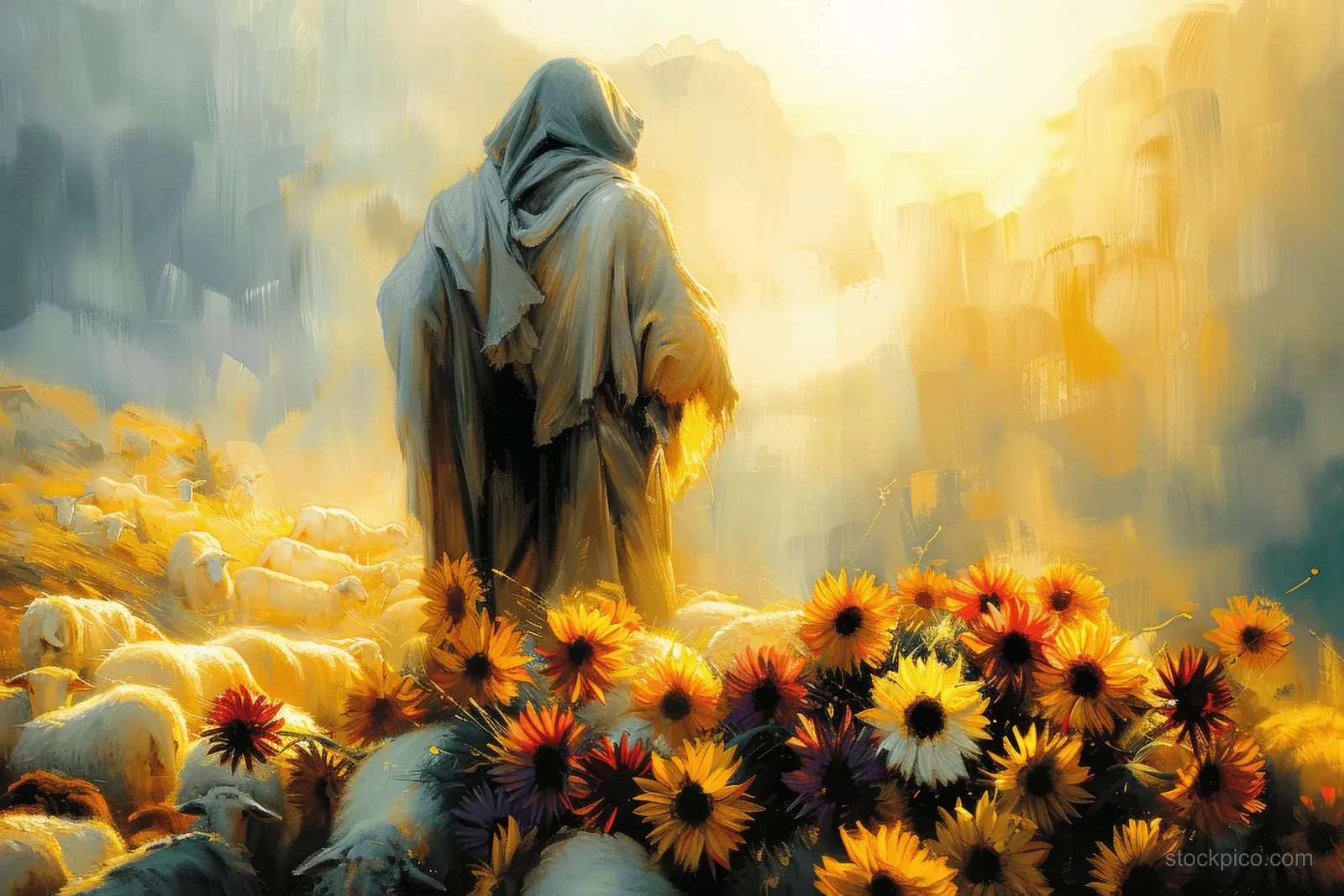 A shepherd in a hooded cloak watches over sheep in misty sunrise light among wildflowers.
