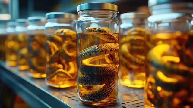 Glass jars of preserved snakes sit on metal shelves in a softly lit lab.