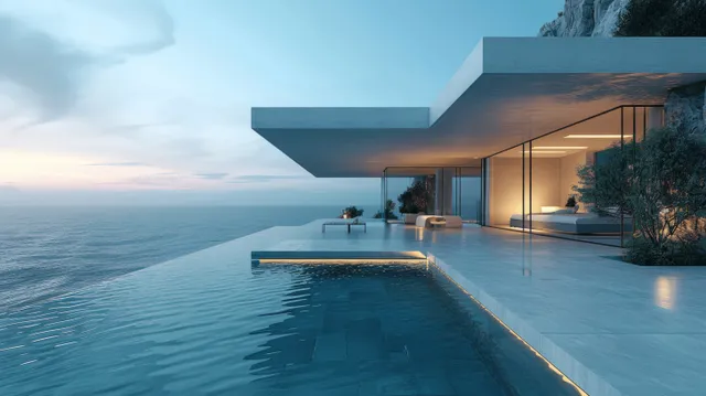 Minimalist modern seaside terrace with glass walls and an infinity pool reflecting ocean light.