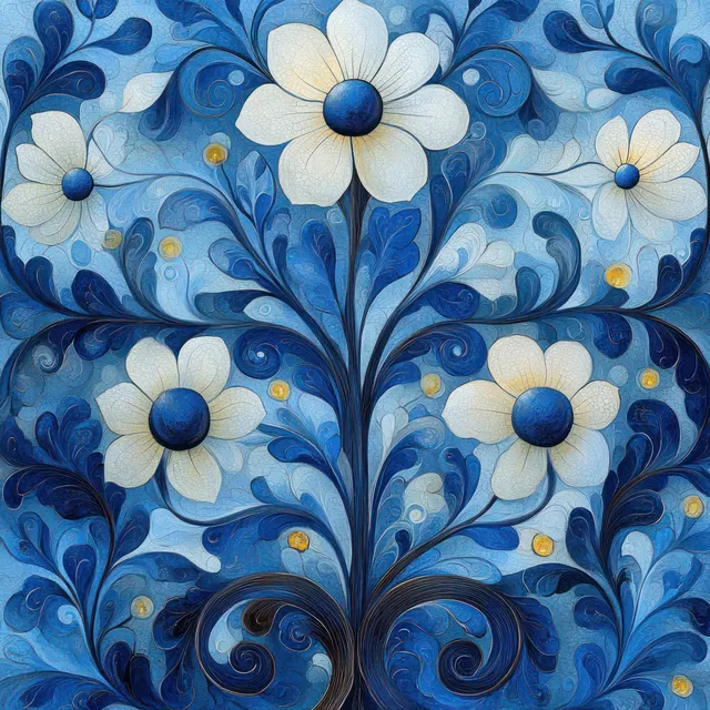 Seamless Art Nouveau pattern showing deep blue flowers and white blossoms swirling through curling vine ornaments.