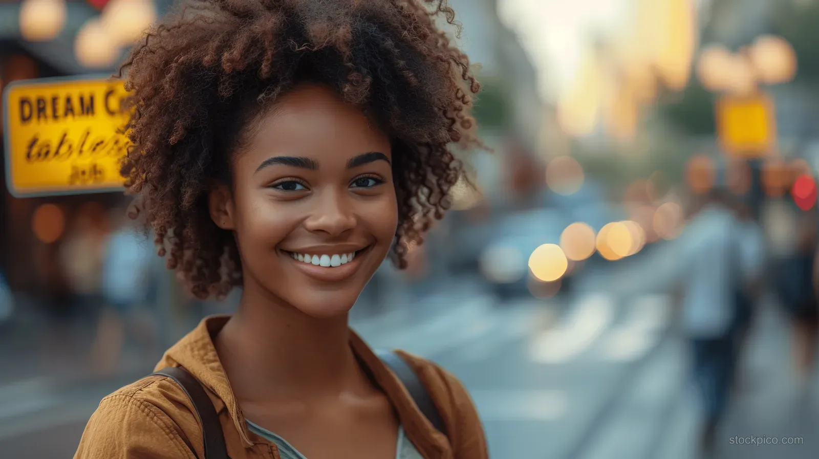 Smiling woman pointing at a dream job road sign along a softly blurred city street with lights.