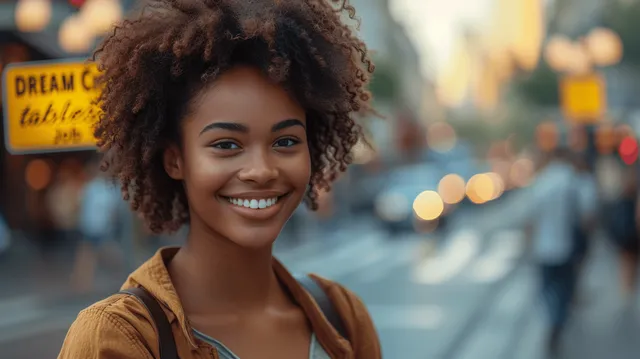 Smiling woman gestures toward a dream job road sign amid city street lights