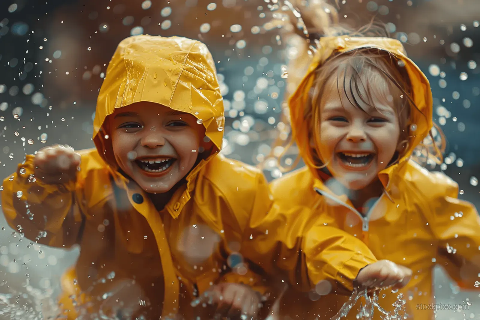 Two children in yellow raincoats laugh while raindrops and puddle splashes scatter around them outdoors.
