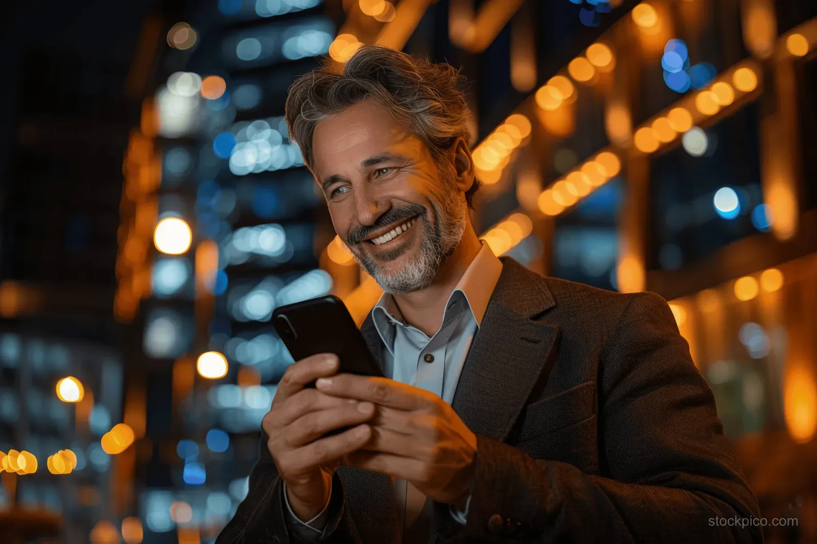 A suited businessman holds a smartphone outdoors at night with colorful city lights glowing behind him.