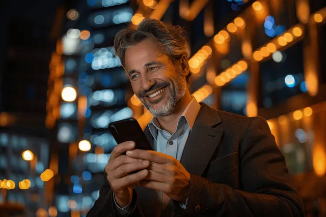 Smiling businessman holding smartphone outdoors at night with illuminated city buildings behind him