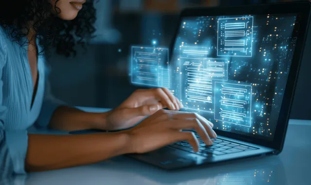 Woman managing digital documents on laptop with virtual UI panels and floating icons