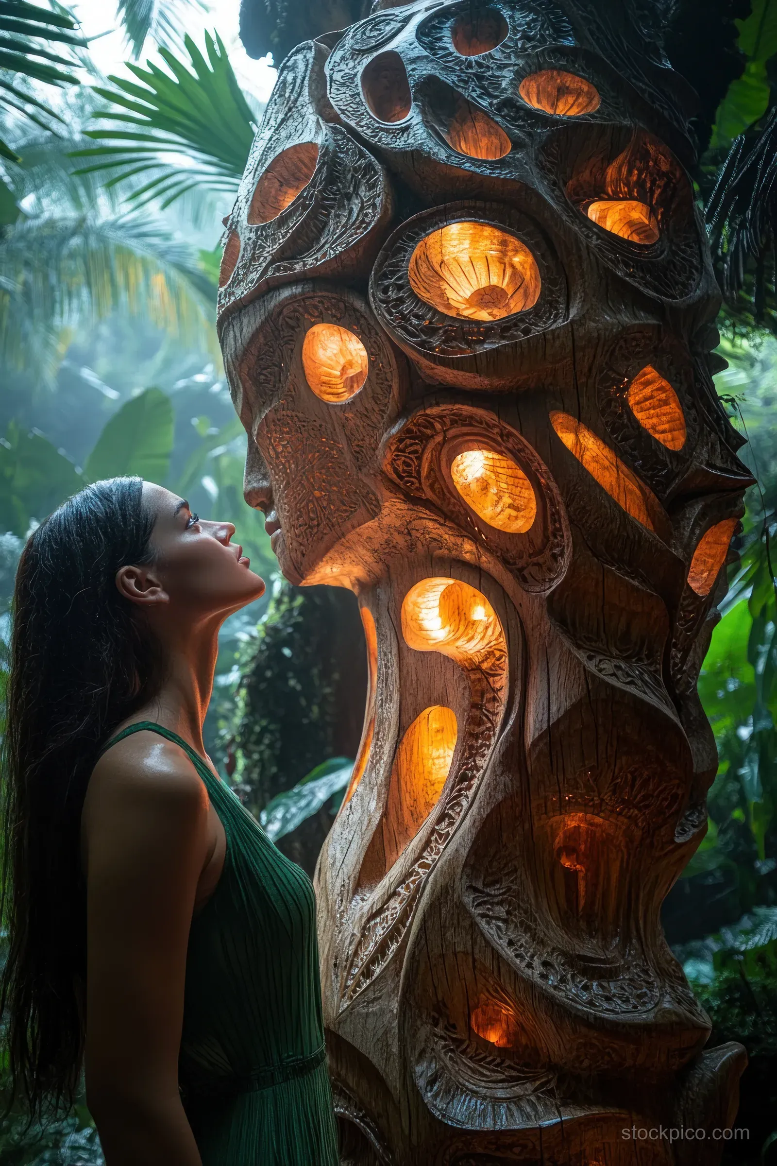 A woman in a green dress stands beside a glowing carved wooden sculpture among palm fronds in a tropical landscape.