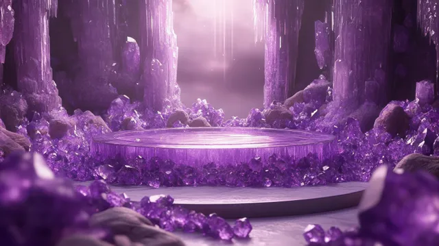 A luminous crystal altar surrounded by gem-like rocks and soft lighting creates an ethereal fantasy jewelry display.