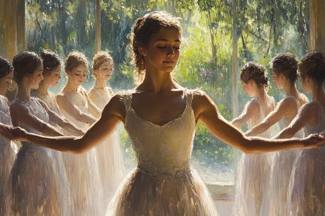 A young ballet dancer practices at a barre while an instructor guides her in a bright dance studio with greenery outside.