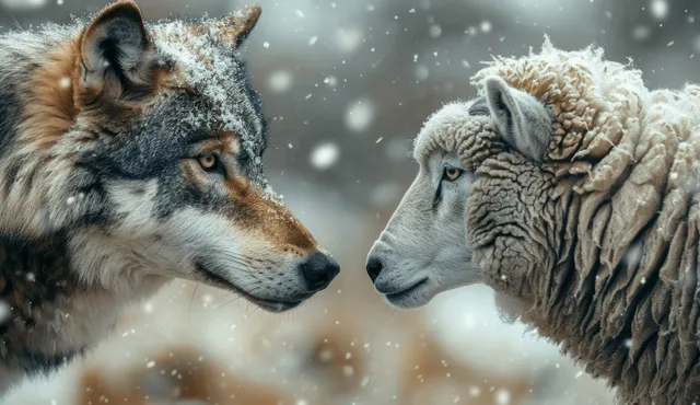 A wolf and a sheep face each other closely in falling snow with visible breath and detailed fur.
