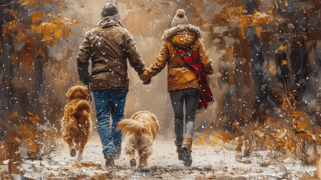 A family walks hand-in-hand while two dogs run through a snowy park path with falling snow.