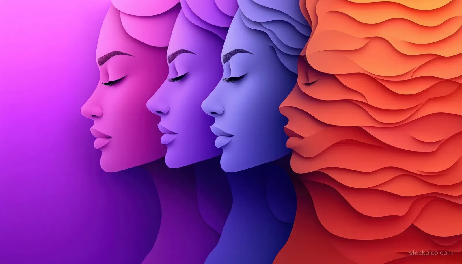 Four side-profile female heads transition from smooth pink and purple to layered wavy orange textures.