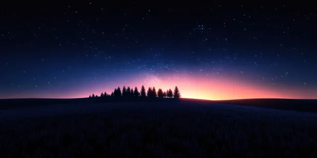 Starry sky over silhouetted pine trees with twilight horizon glow