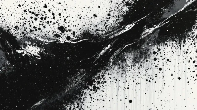 Monochrome ink splatter over cracked grunge backdrop with sharp diagonal contrast