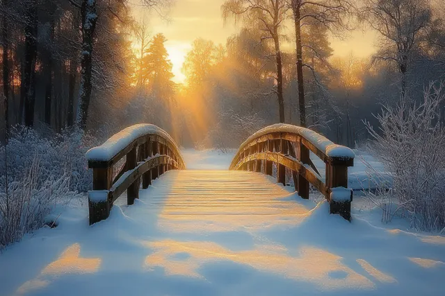 Snow-covered wooden footbridge leads across a frosted forest path under a golden sunrise glow.