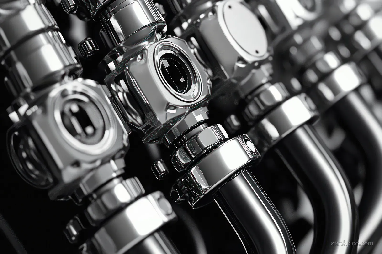 Chrome pipe connectors and valve fittings fill the frame with bright reflections and visible mechanical joints.