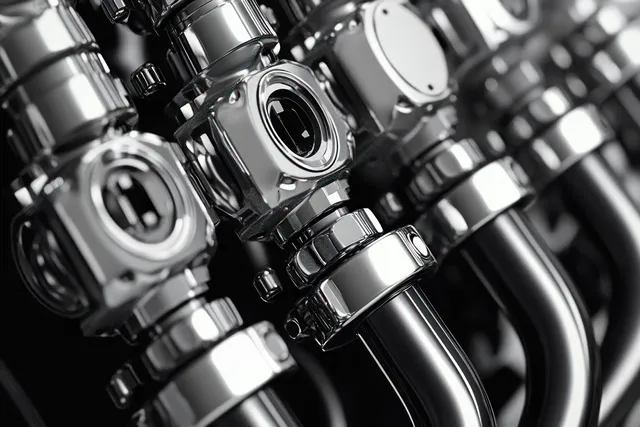 Close-up metallic pipe connectors and valve fittings with chrome reflections in an industrial assembly