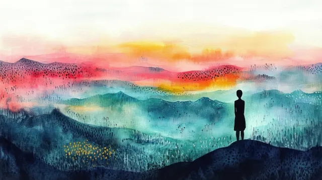 Silhouette of a person on a hilltop facing layered misty mountains under a colorful sunset sky.