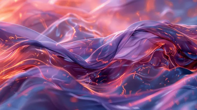 Iridescent translucent wave forms ripple across a blue and purple gradient background with glossy refraction highlights.