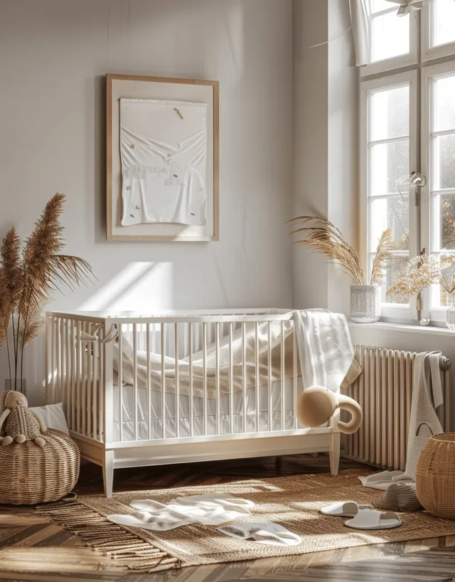 Boho nursery room with wooden crib mockup, framed wall art, warm window sunlight
