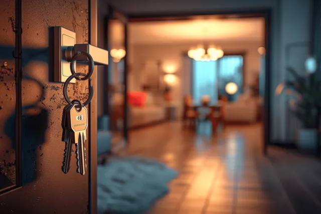 Keys dangle from an open apartment door lock with a blurred living room and sofa beyond.