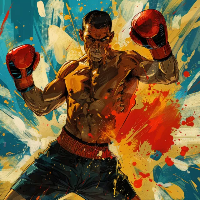Russian welterweight boxer throwing a left punch amid splashing paint and speed lines