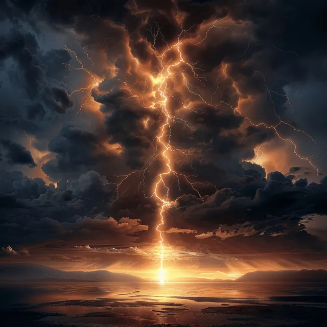 Lightning bolt splits dark storm clouds over ocean at dramatic sunset, crackling electric glow