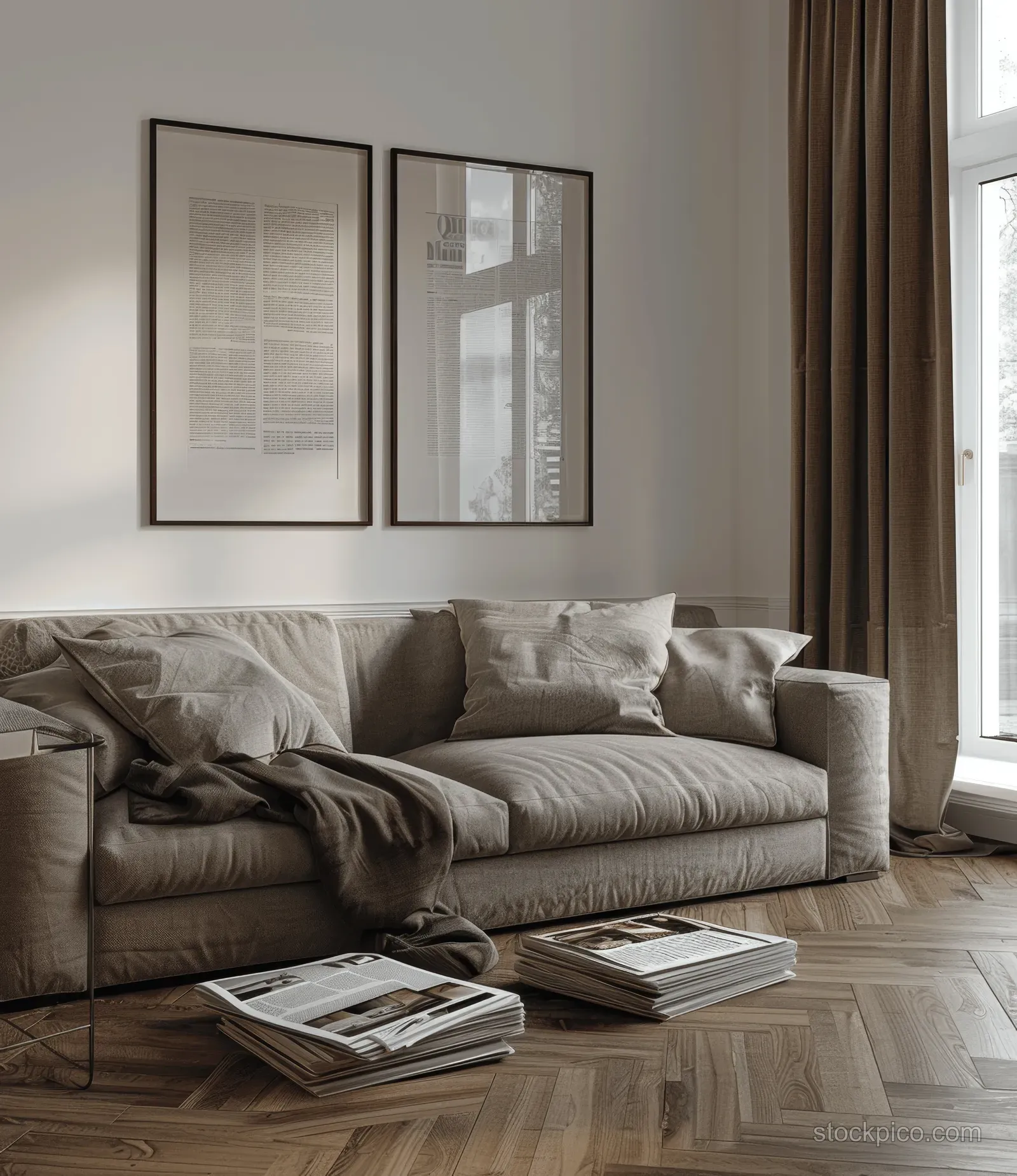 Gray sofa in a minimalist living room with framed prints on the wall, dark wood floor, and brown curtains.