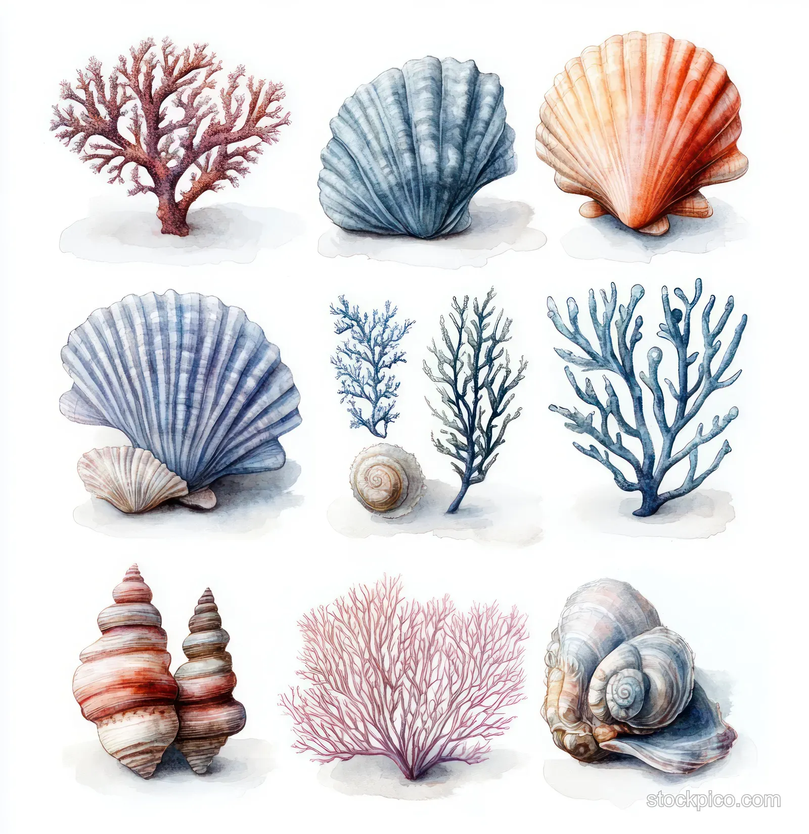 Watercolor sea shells, coral, and starfish set on a white background with soft pastel shading.