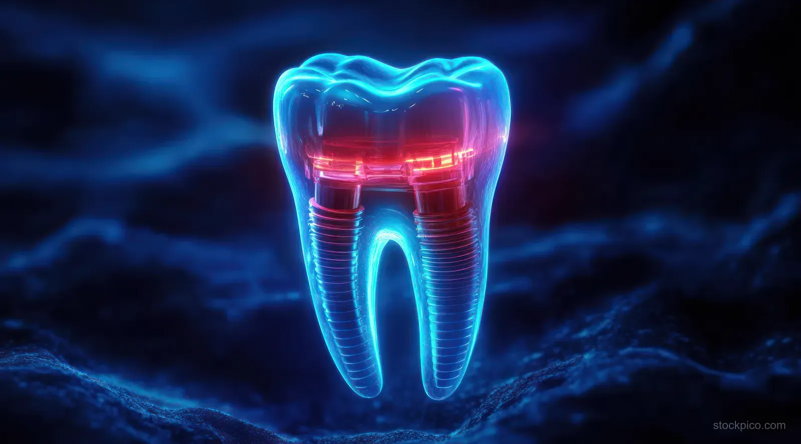 A neon blue translucent tooth with red internal channels and root-like structure on a dark textured background.