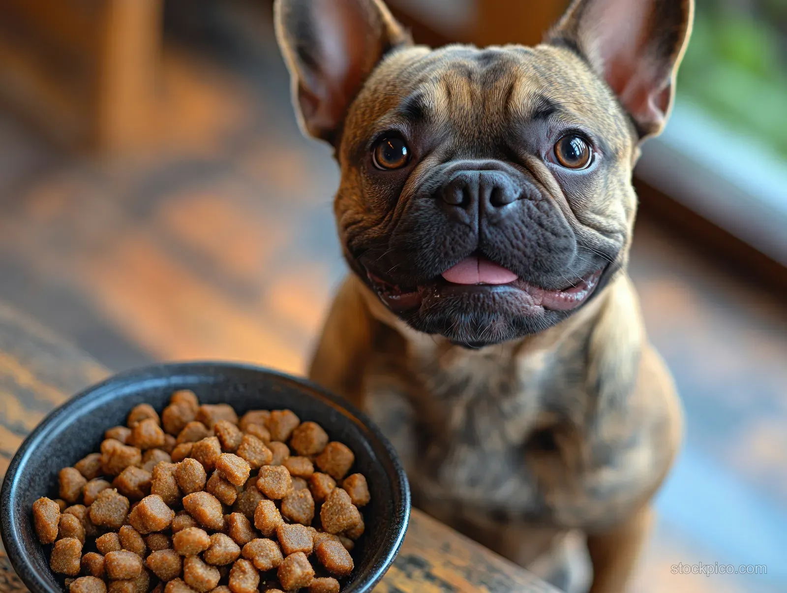 A French Bulldog sits beside a dog food bowl in soft natural indoor light, looking toward the camera.
