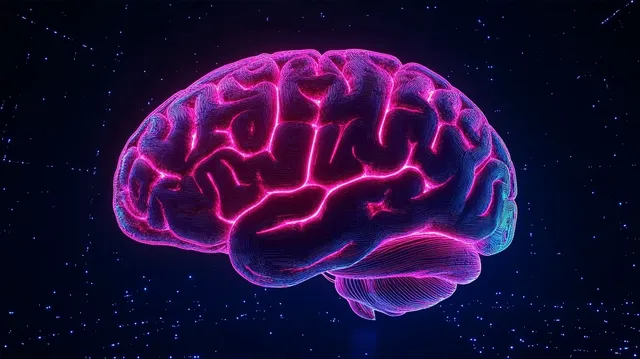 Neon digital brain glows in dark starfield, outlining neural lines and network connections