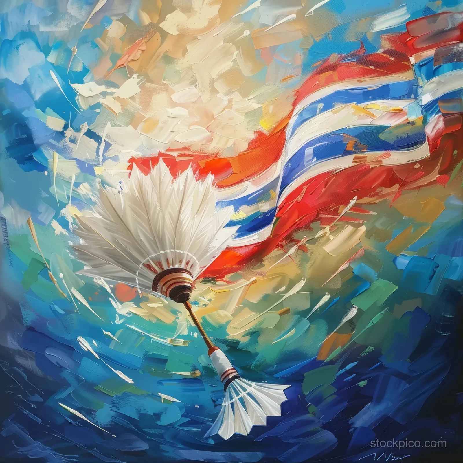 A shuttlecock shoots forward through Indonesian red and white flag colors with dramatic motion lines.