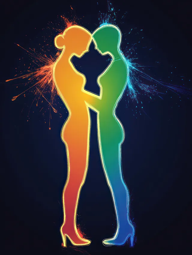 Silhouette couple facing each other closely with neon colored outlines and splash-like light effects on a dark background.