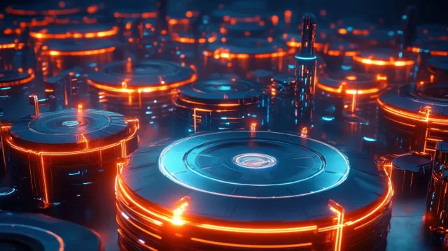 Glowing circular platforms with blue and orange neon lights form a cyberpunk technology cityscape at night.