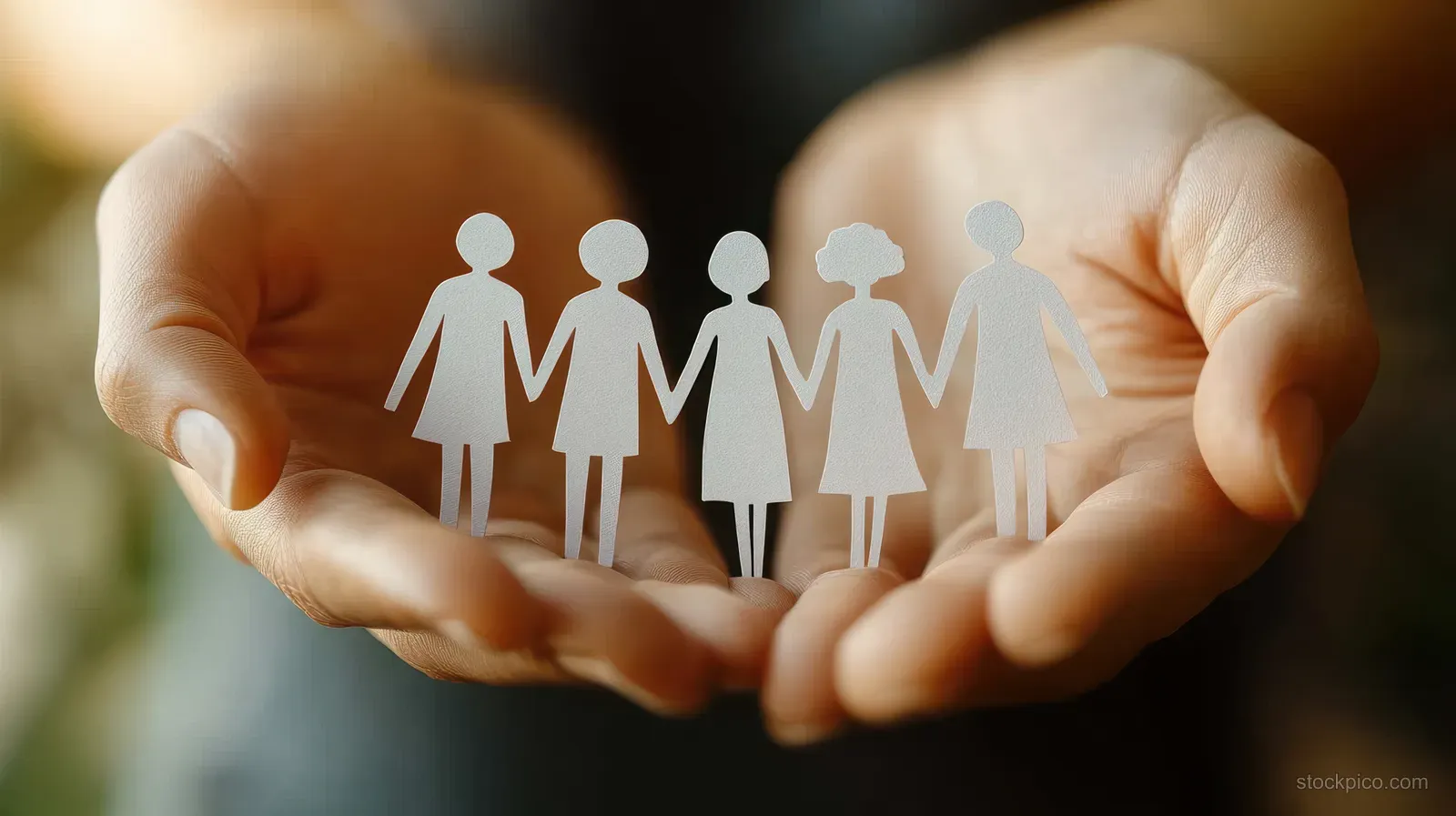 Two hands hold diverse paper cutout human silhouettes symbolizing support and inclusion.