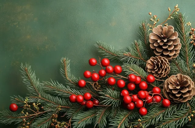 Evergreen pine branches with red berries and pine cones arranged on a textured rustic green background.