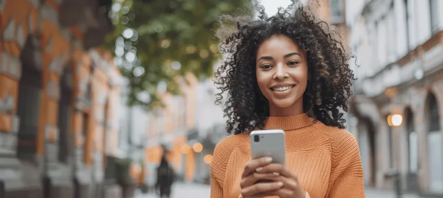 Smiling woman texting on a smartphone on an outdoor city street with blurred pedestrians behind