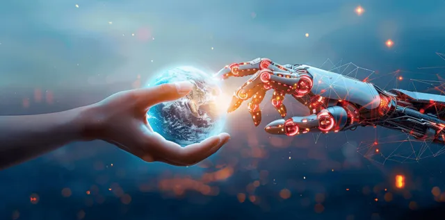 Human and robot hands touching a glowing global network sphere with data particles
