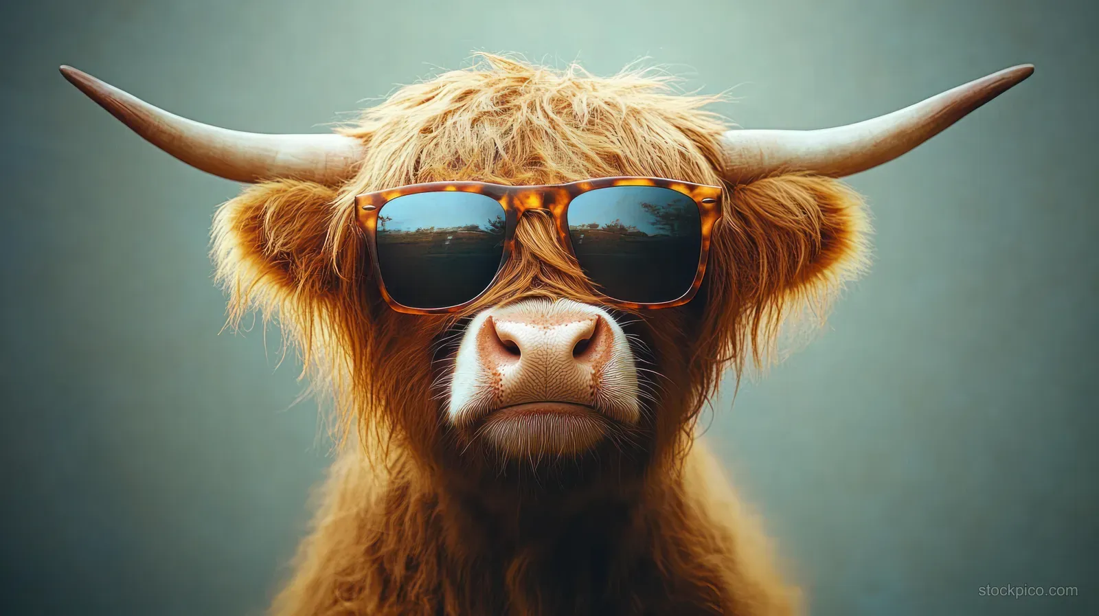 Highland cow portrait wearing reflective sunglasses with long horns and shaggy fur against blurred background.