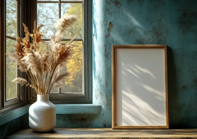 Horizontal empty picture frame mockup on a window ledge beside a white vase holding dried pampas grass.