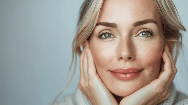 Mulher loira de olhos azul-claro apoia o rosto nas mãos enquanto sorri contra um fundo de luz suave.