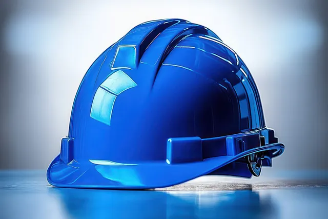 A shiny blue construction helmet rests on a smooth surface with soft blurred background.