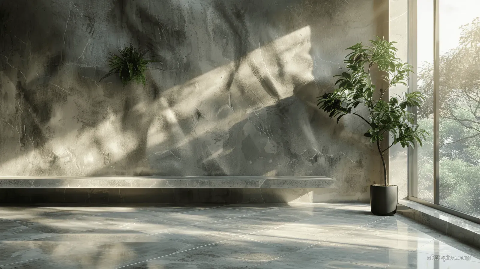 Empty concrete room interior with a large window casting sharp diagonal shadows onto the floor.