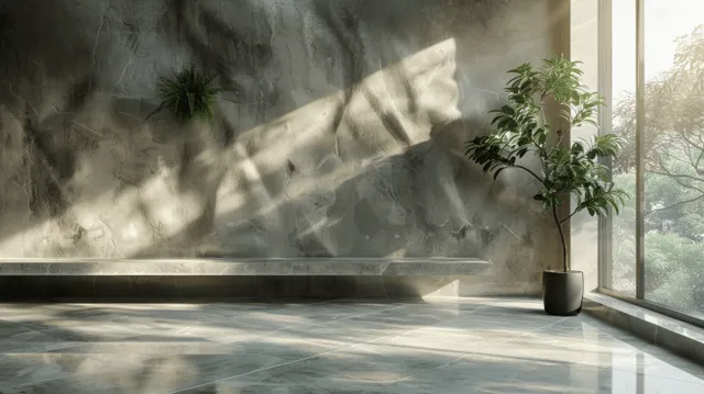 Empty concrete interior with large window light and sharp shadow patterns on floor