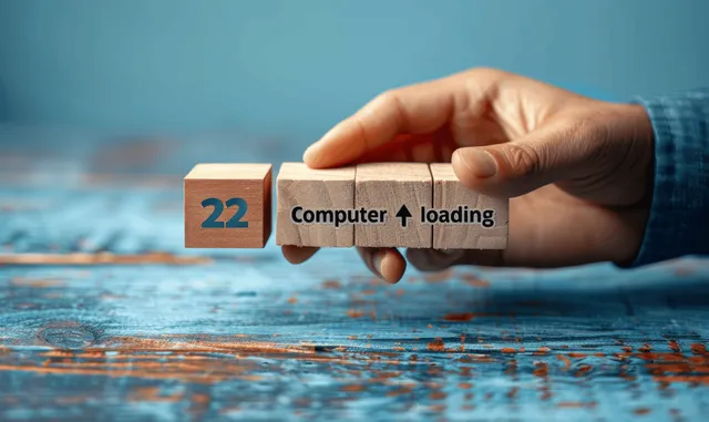 A hand holds wooden calendar blocks with a digital loading bar on a blue background.