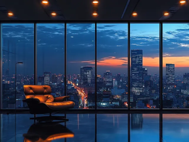 Leather armchair facing floor-to-ceiling glass windows showing a glowing city skyline at sunset.